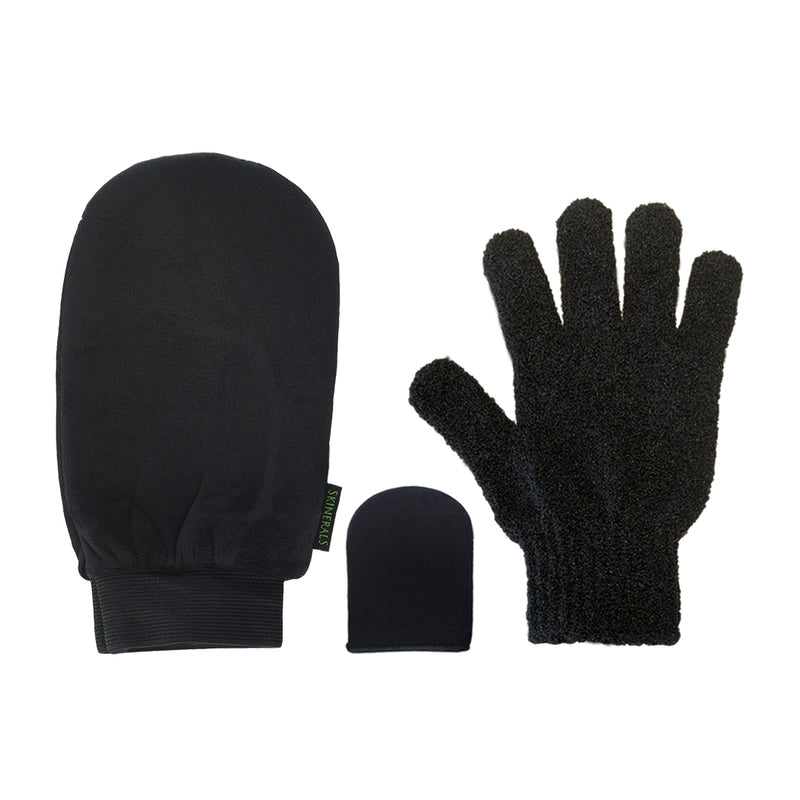 Skinerals Padded Microfiber Applicator Self Tanning Mitts With Snug No-Slip Elastic Wrist and Exfoliator Glove and Finger Face Mitt for use with Californium Sunless Tanner Skinerals