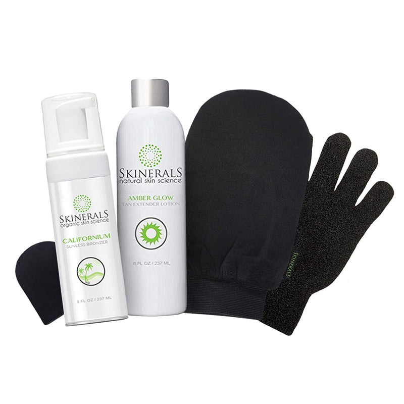 Skinerals Premium Self Tanning Set with Natural & Organic Ingredients, Californium Sunless Bronzer, Amber Glow Tan Extender Lotion, Tanning Mitt & Exfoliator Glove Set Skinerals