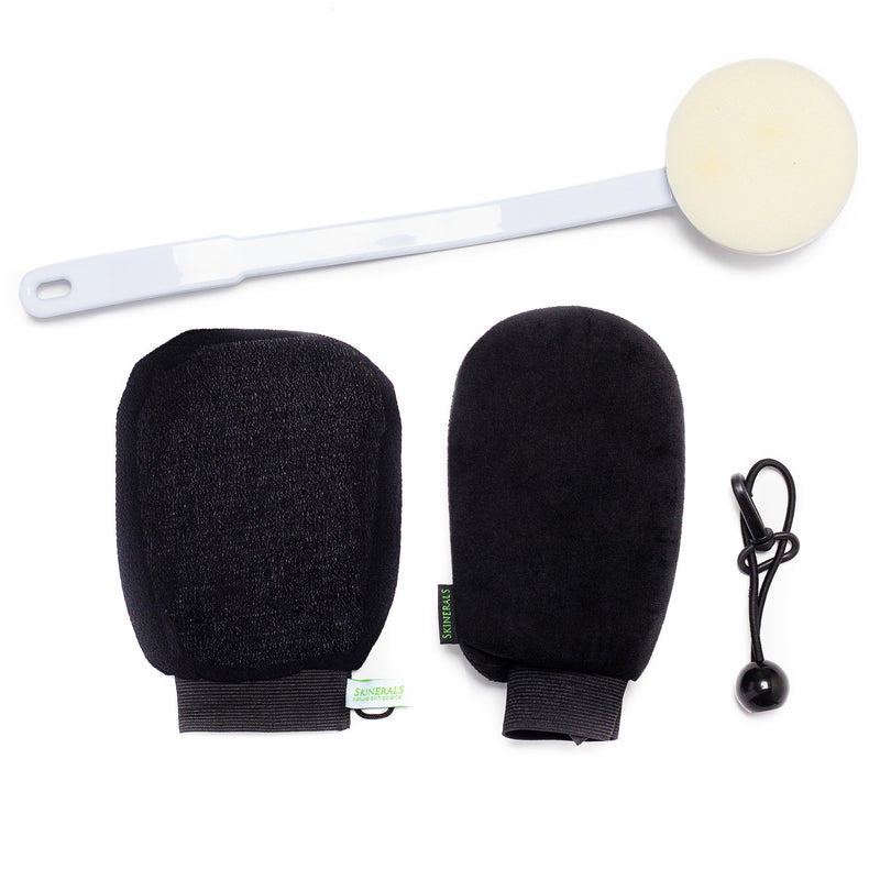 Skinerals Complete Self Tanner Application Set with Back Wand, Exfoliator Glove, and Tanning Applicator Mitt Skinerals